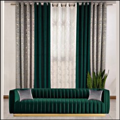 تصویر پک اماده 5 تیکه پرده آماده مخمل طلاکوب درختی طوسی/مخمل کالیفرنیا سبز درباری/ کرپ محو ابری 