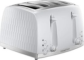 تصویر Russell Hobbs Loneycomb 4 Slice Toaster (اسلات های مستقل و فوق العاده گسترده با آسانسور بالا ، 6 سطح قهوه ای ، عملکرد یخ زده/لغو/مجدداً ، سینی خرده ریز قابل جابجایی ، 1500W ، براق بالا با بافت سفید) 26070 Russell Hobbs Honeycomb 4 Slice Toaster (Independent &amp; Extra wide slots with high lift, 6 Browning levels, Frozen/Cancel/Reheat function, Removable crumb tray, 1500W, White textured high gloss) 26070