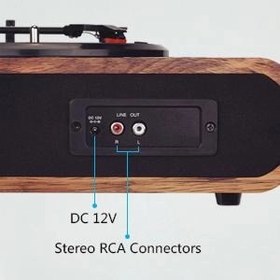 تصویر گرامافون دیجیتال وینیلی برند VOKSUN VOKSUN's Bluetooth-enabled vinyl record player features a 3-speed LP turntable, HiFi stereo speakers, and includes MP3 playback, FM radio, Aux-In, and RCA connectivity, all housed in a natural wood finish.