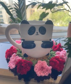 تصویر زیر لیوانی بافتنی دسته گل 