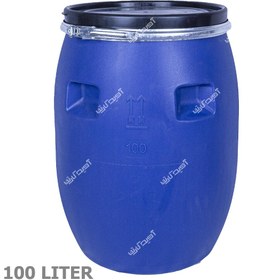 تصویر بشکه پلاستیکی 100 لیتری دهانه باز با درب و تسمه 100 liter open mouth plastic barrel with lid and strap