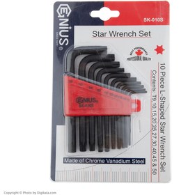 تصویر آچار آلن کوتاه ستاره T رو کارتی 10 عددی جنیوس 10 Piece Star Key Wrench Set Genius tools