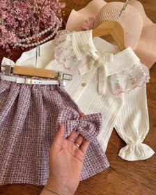 تصویر لباس مجلسی دخترانه چهار تیکه شومیز و دامن و کمربند و گیره 