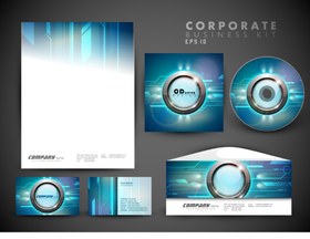 تصویر وکتور ست اداری آبی انتزاعی؛ سربرگ، کارت ویزیت، پاکت نامه و سی دی 