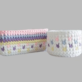 تصویر سبد قلاب بافی تریکو طرح سیسمونی نوزادی کد 7893 مجموعه 2 عددی 