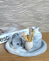 تصویر دکوری گلدان رگه دار طوسی - سفید صورتی 