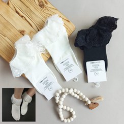 تصویر جوراب مچی زنانه مدل لبه توری گیپوری - نباتی روشن Women's ankle socks with guipure lace edge