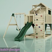 تصویر خانه جنگلی چوبی بازی کودکان به همراه سرسره 