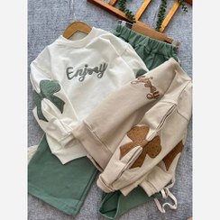 تصویر بلوز و شلوار دخترانه سایز ۴۵ تا ۶۵ قهوه ای و سبز 