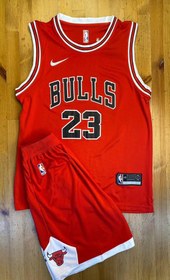 تصویر ست بسکتبال شیکاگو بولز رنگ قرمز شماره 23 کیفیت A+ تایلندی Chicago Bulls Red Number 23 Basketball Set, Thai A+ Quality