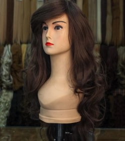 تصویر کلاه گیس زنانه بلند با خط رویش طبیعی دستباف رنگ قهوه ای روشن (کد:4004) Women's fiber wig (code:4004)