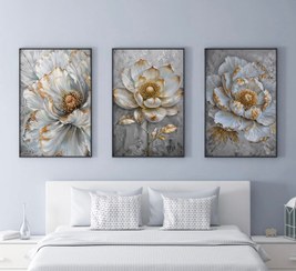 تصویر تابلو گل طرح تکسچر سه عدد سایز ۳۰/۴۰ تا ۶۰/۸۰ 