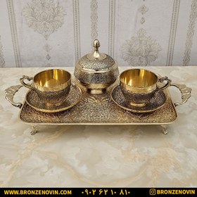 تصویر سرویس پذیرایی چای خوری برنزی هندی شامل سینی و فنجان و نعلبکی و قندان برنز هندی 4 تکه کد 3960 ( ست ظروف برنجی هندی ) 