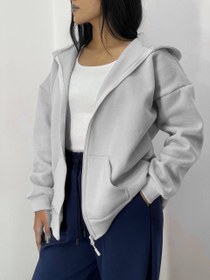 تصویر سویشرت کلاهدار دورس سه‌ نخ جلوزیپ فری‌سایز گرم - سفید 