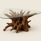 تصویر میز جلو مبلی چوبی روستیک با طراحی طبیعی و منحصربه‌فرد 