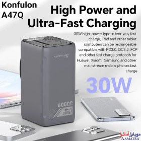 تصویر پاوربانک ۶۰۰۰۰ میلی آمپر سوپر فست شارژ ۳۰ وات کانفلون مدل Konfulon A47Q KONFULON POWER BANK 60000 mAh MODEL A47Q