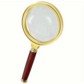 تصویر ذره بین 80 میلی متر طلایی طرح دسته چوب Magnifying Glass 80 mm Golden Design