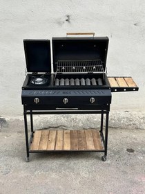 تصویر باربیکیو گازی ۹۰ سانتی پلوپز دار با رویه چدنی 