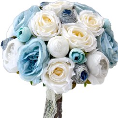 تصویر دسته گل مخلوط عروس با ترکیب گلهای ابریشمی آنما، رز و استایل گرد کد 2029 