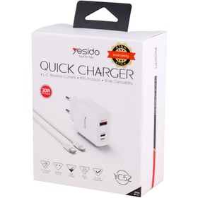 تصویر شارژر دیواری فست شارژ Yesido YC52 3Port 3A PD QC3.0 30W + کابل آیفونی Yesido YC52 3Port 3A PD QC3.0 30W Fast Wall Charger With Lightning Cable