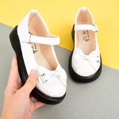 تصویر کفش دخترانه مجلسی مدل پاپیونی رو چسبی تخت کد 358876 رنگ مشکی سفید سایز 31تا35 