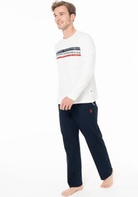 تصویر ست پیژامه مردانه مجموعه لباس خواب مردان جیب 100 ٪ پنبه آستین بلند یقه دوچرخه چوگان افقی چاپ شده U.S. Polo Assn. 