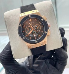 تصویر ساعت مردانه هابلوت بند چرم قهوه ای قاب رزگلد 