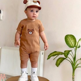 تصویر رامپر نخی کبریتی نوزاد و بچه گانه نسکافه ای تدی Baby cotton rompers 