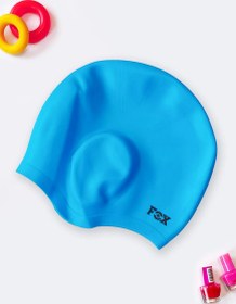 تصویر کلاه استخر گوشی دار سیلیکونی فوکس ( Fox ) آبی رنگ 