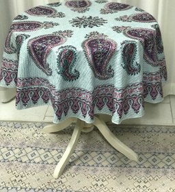 تصویر رومیزی گرد طرح ترمه تک گل - گرد( قطر 100 ) / آبی 