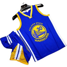 تصویر پیراهن حلقه ای و شورت بسکتبالی آبی زرد گلدن استیت واریرز Golden State Warriors Basketball jersey Blue Yellow