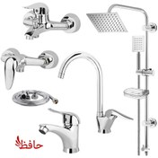 تصویر ست کامل شیرآلات مدل قهرمان ۶ تکه با علم دوش و شلنگ توالت 