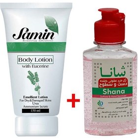 تصویر پک لوسیون بدن ثمین و ژل ضدعفونی کننده دست و سطوح شانا Shana And Samin Pack