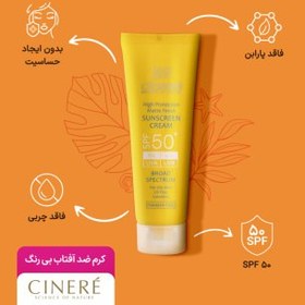 تصویر کرم ضد آفتاب بدون رنگ سینره مدل SPF50 محافظ UVA ،UVB و +++PA، ضد لک، ضد پیری، مناسب پوست چرب حجم 50 میلی‌لیتر CINERE