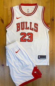 تصویر ست بسکتبال شیکاگو بولز رنگ سفید شماره 23 کیفیت +A تایلندی Chicago Bulls basketball set, white color, number 23, Thai quality +A