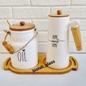 تصویر ست کنار گاز ظرف روغن و روغن ریز دسته چوب 