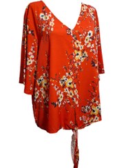 تصویر شومیز مجلسی زنانه استوک نو قرمز گلدار پایین لباس گره دار کد A+75 