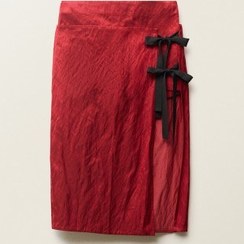 تصویر دامن بافت دار با جزئیات گره ای چندحالته زنانه قرمز منگو 