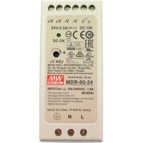 تصویر منبع تغذیه ریلی تک فاز 24 ولت 2.5 آمپر مینول MEAN WELL مدل MDR-60-24 ا Switch Mode Power Supply DIN Rail MEAN WELL MDR 24V 2.5A 60W Model: MDR-60-24 Switch Mode Power Supply DIN Rail MEAN WELL MDR 24V 2.5A 60W Model: MDR-60-24