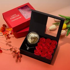 تصویر مروارید عشق+باکس گل ۱۲ عددی پک هدیه-باکس کادویی - مشکی 
