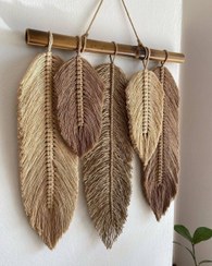 تصویر دیوارکوب مکرومه مدل برگ با عرض زیاد سایز بزرگ رنگبندی دلخواه کد سفارش ۲۸ Macrame wall hanging, leaf model, wide width, large size, custom color, order code