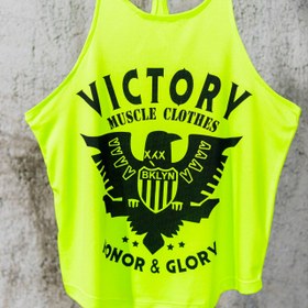 تصویر رکابی بدنسازی بند باریک مردانه حرفه ای مدل VICTORY پارچه سوزنی تنفسی ضد تعریق رنگ سبز فسفری با کیفیت 