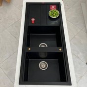 تصویر سینک گرانیتی مشکی ساده مواد خارجی توکار 115 در 50 متالیک رنگ ثابت ضد لک ضد خش ضد رسوب پنج سال گارانتی - لگن چپ / زرد Kiara Brand , Simple black granite sink, built-in, 115 x 50