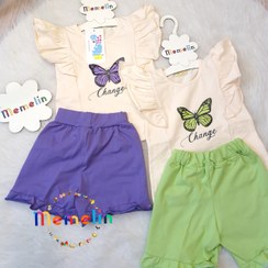 تصویر لباس بچگانه کودک ست دخترانه دو تکه تیشرت آستین کوتاه و شلوارک پروانه مناسب یک تا چهار سال 