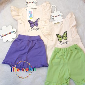 تصویر لباس بچگانه کودک ست دخترانه دو تکه تیشرت آستین کوتاه و شلوارک پروانه مناسب یک تا چهار سال 