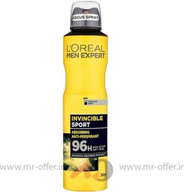 تصویر اسپری ضد تعریق مردانه لورآل سری MEN EXPERT مدل INVINCIBLE SPORT حجم 150 میلی لیتر L'Oreal men's antiperspirant spray, MEN EXPERT series, INVINCIBLE SPORT model, volume 150 ml