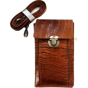 تصویر کیف پاسپورتی دستی و دوشی و گردنی چرم طبیعی کد 672 - قهوه ای Natural leather shoulder and neck passport bag, code 672