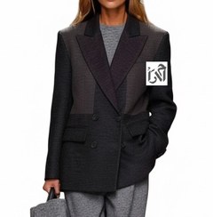 تصویر کت زنانه سورمه ای ترکیبی با ژاکارد 