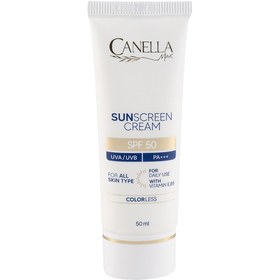 تصویر کرم ضد آفتاب بی رنگ با SPF50 مناسب انواع پوست حجم 50 میلی لیتر کنلامکس Canellamax Sunscreen Suitable SPF50 For All Skin Types 50 ml