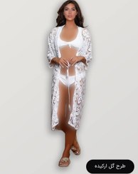 تصویر رومایویی زنانه بلند و آستین دار توری طرح گیپوری سفید رنگ 